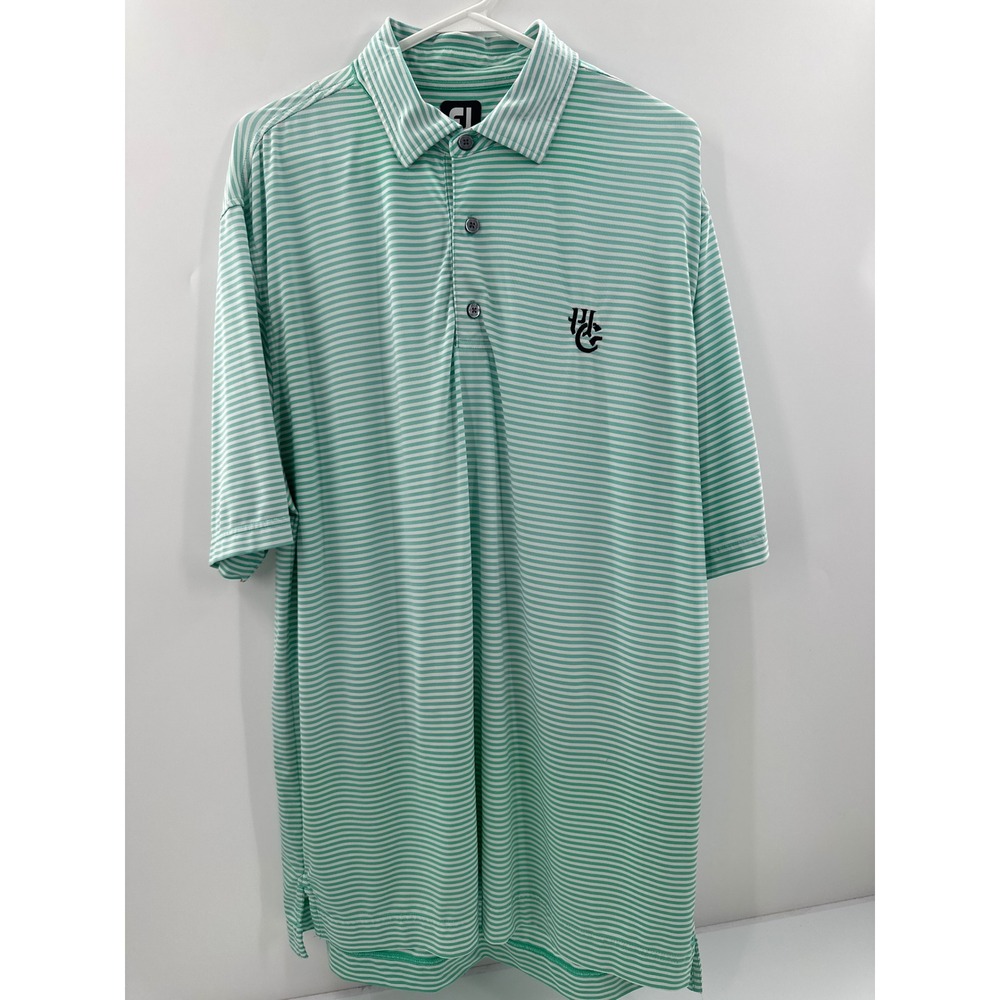 FootJoy Mens Golf Polo Shirt Large‎ Green White Striped Short Sleeve HC Logo